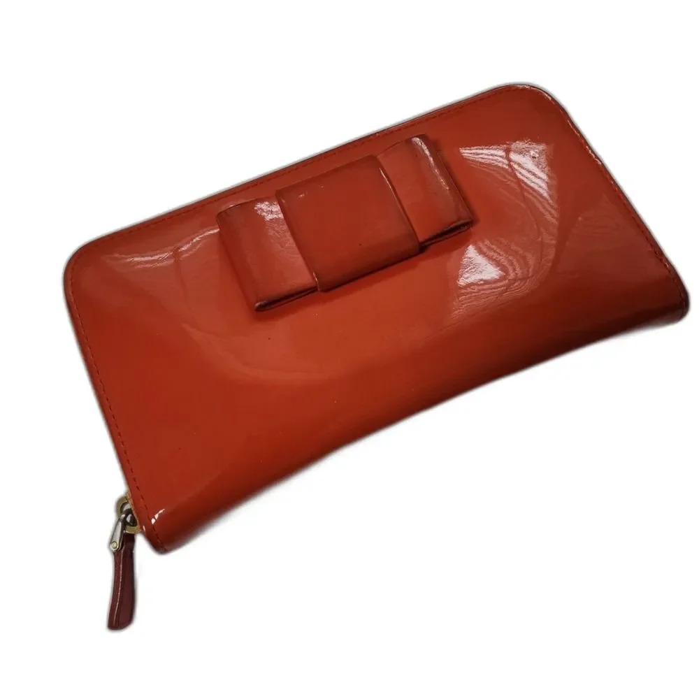 MIU MIU Orange Zip Signature Patent Leather Bow Long Wallet and Box